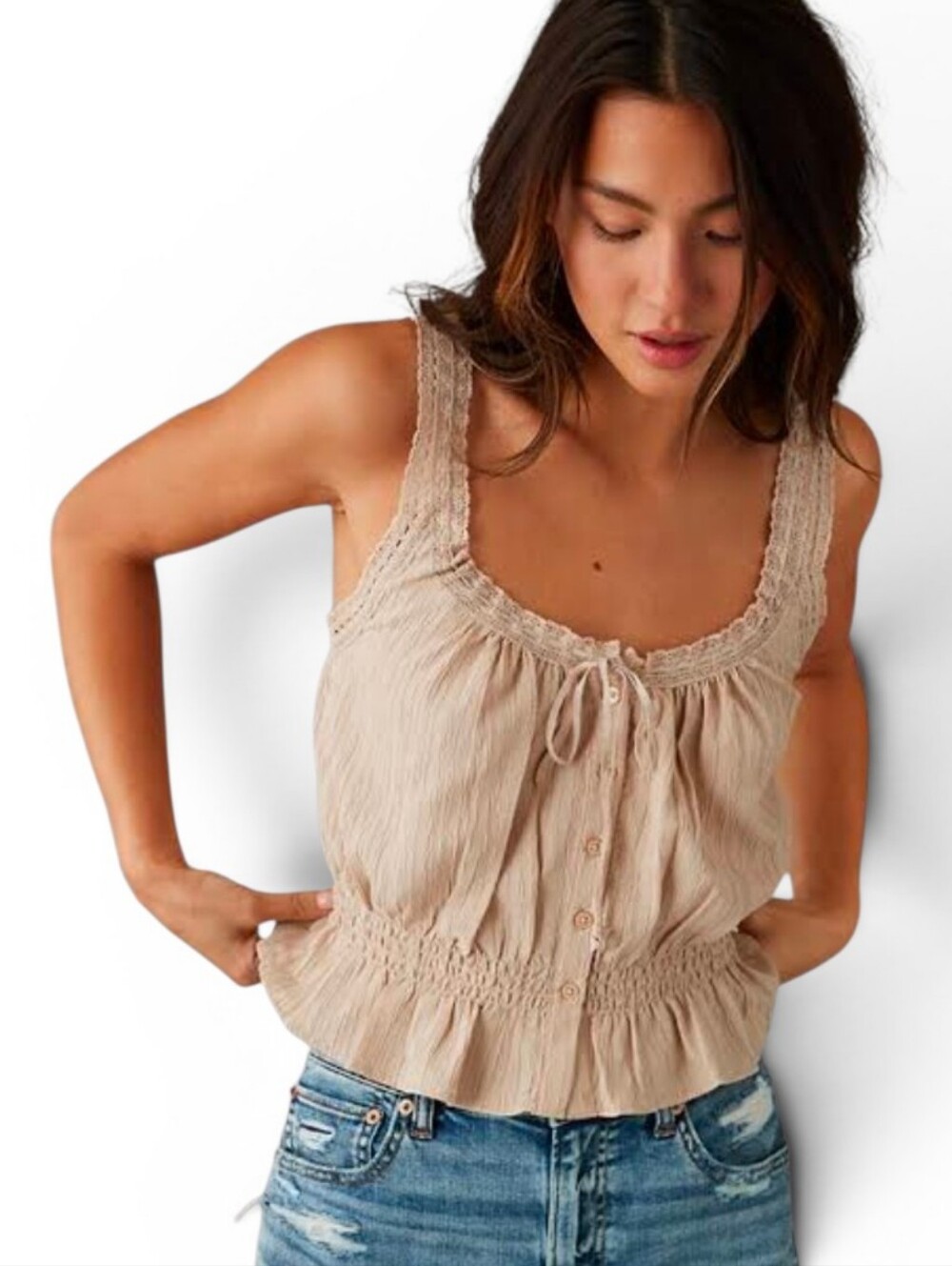 AMERICAN EAGLE Prairie Tie Front Gauze Boho Cropped Top - Large